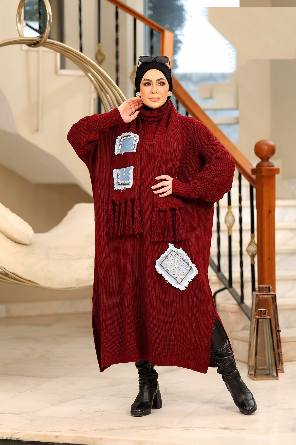 تونك تريكو بجيوب جينز مرصعة بالصدف